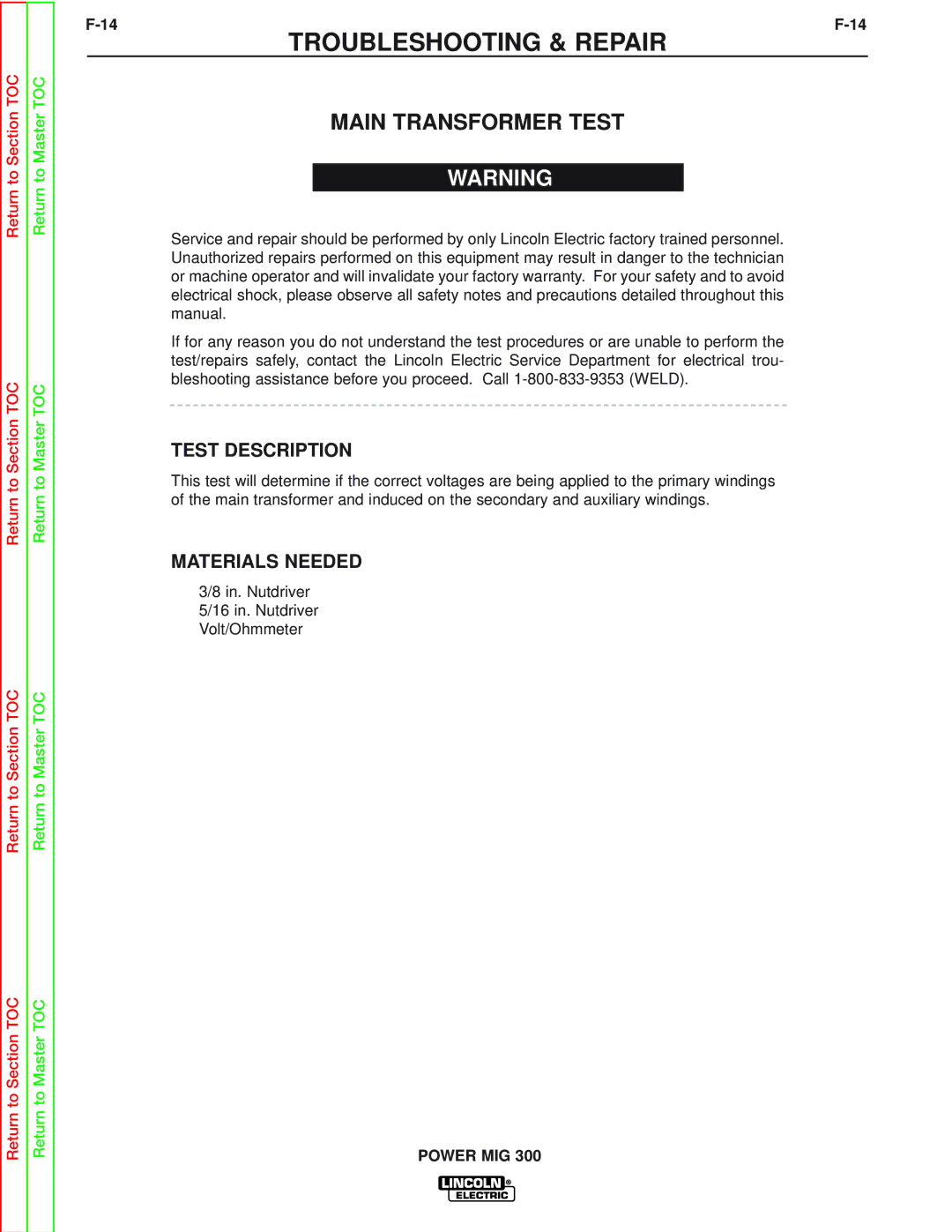 Lincoln Electric SVM160-B service manual Main Transformer Test, Test Description 