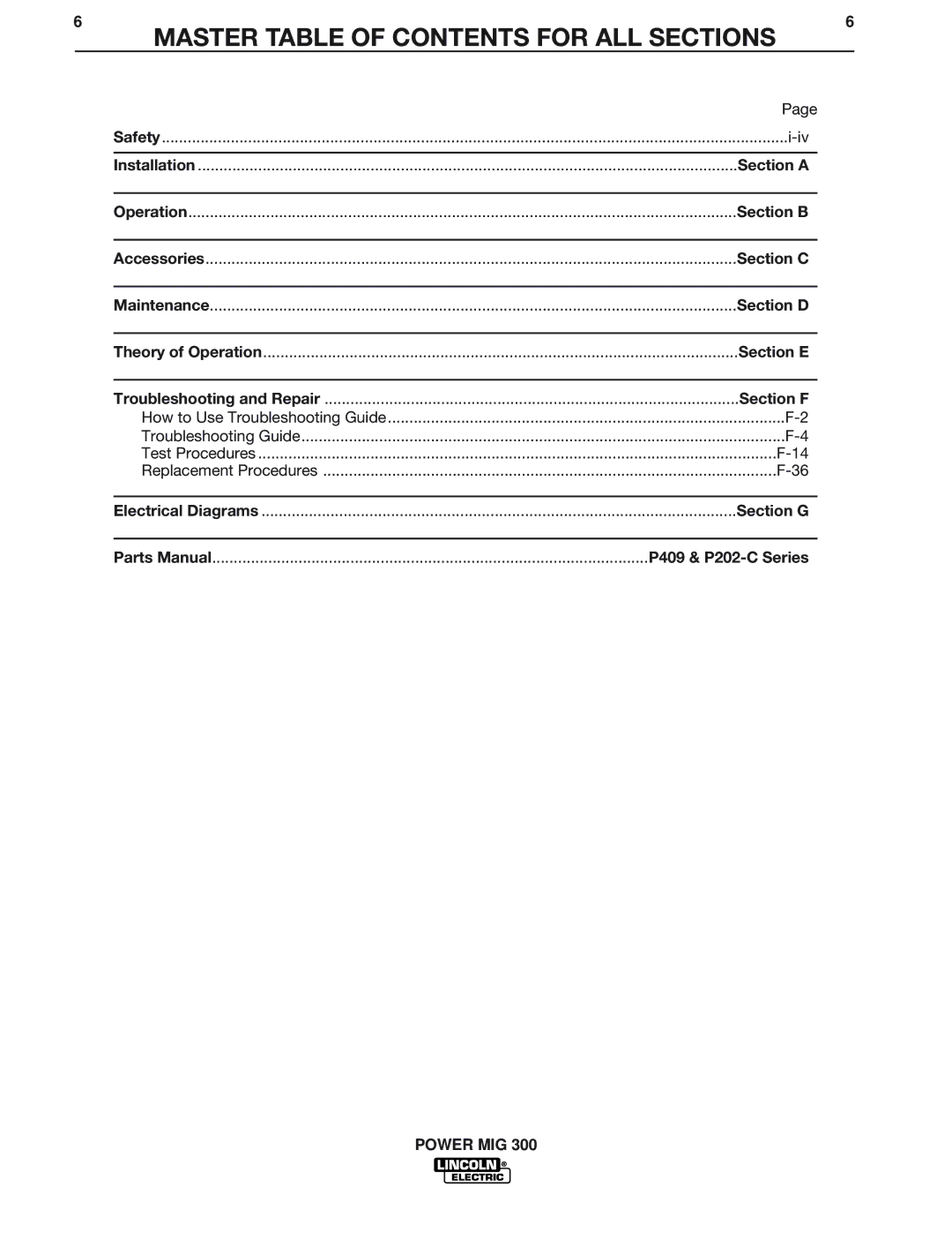 Lincoln Electric SVM160-B service manual Master Table of Contents for ALL Sections 