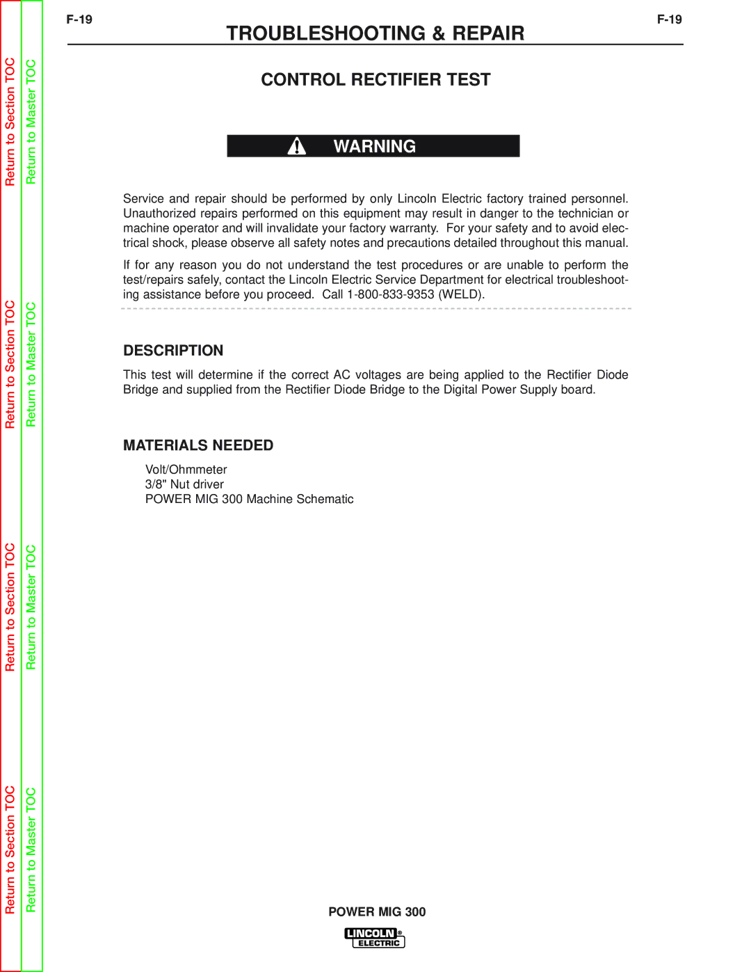 Lincoln Electric SVM160-B service manual Control Rectifier Test, Description 