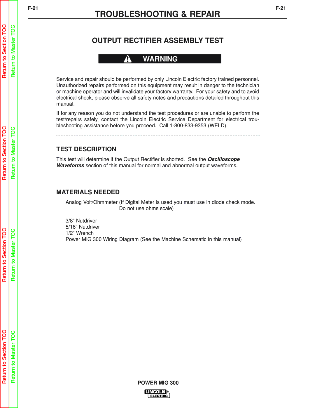 Lincoln Electric SVM160-B service manual Output Rectifier Assembly Test, Test Description 