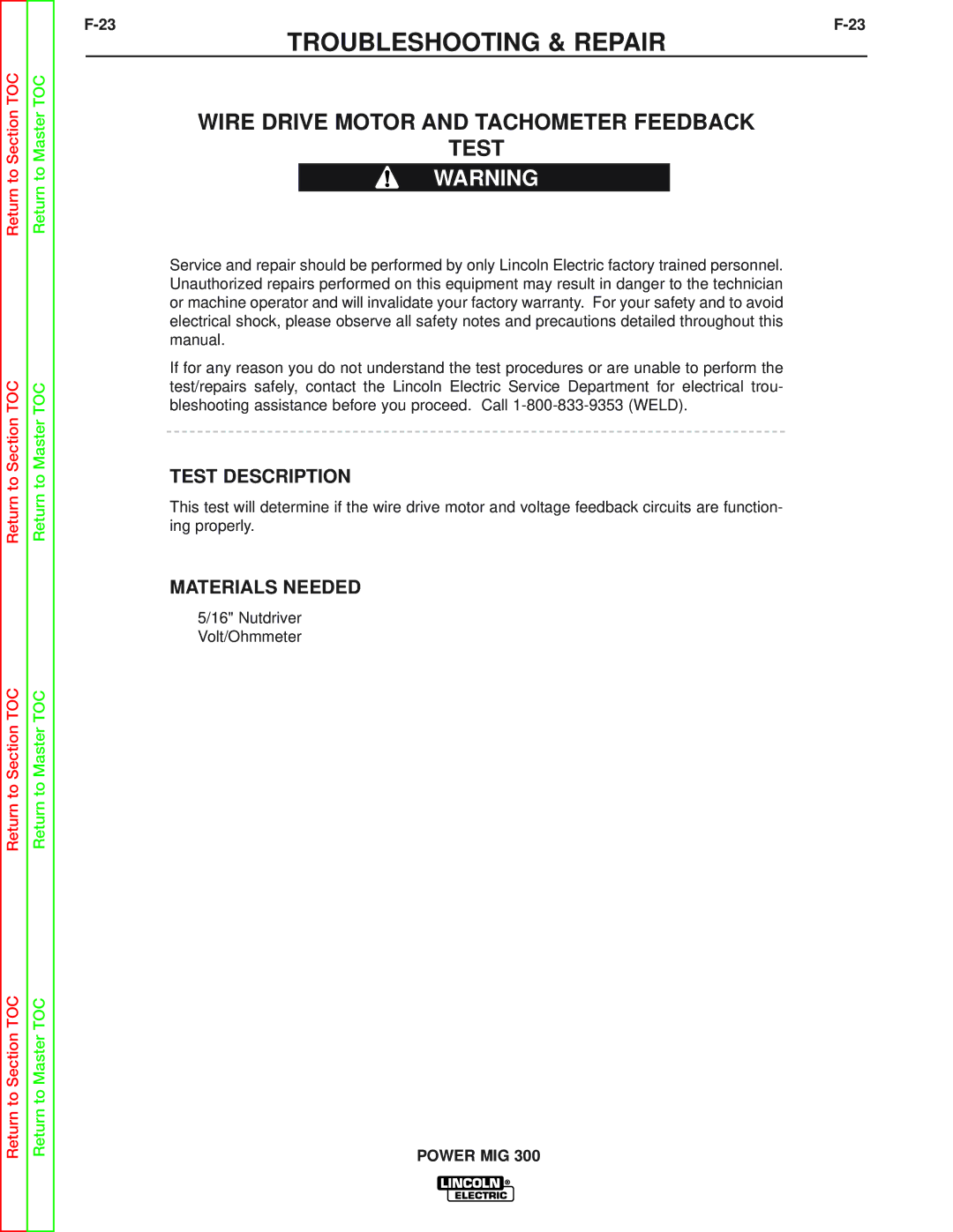 Lincoln Electric SVM160-B service manual Wire Drive Motor and Tachometer Feedback Test 