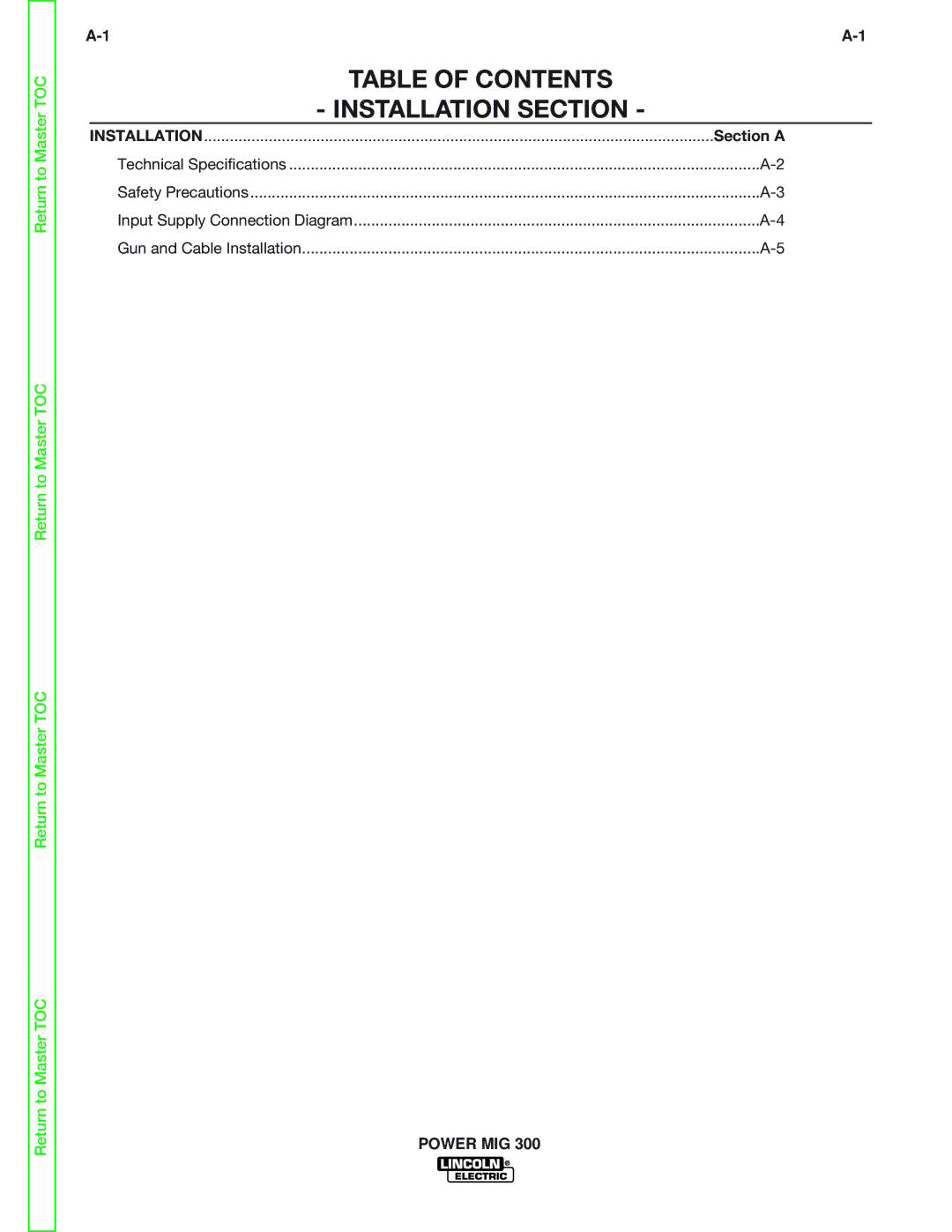 Lincoln Electric SVM160-B service manual Table of Contents Installation Section 