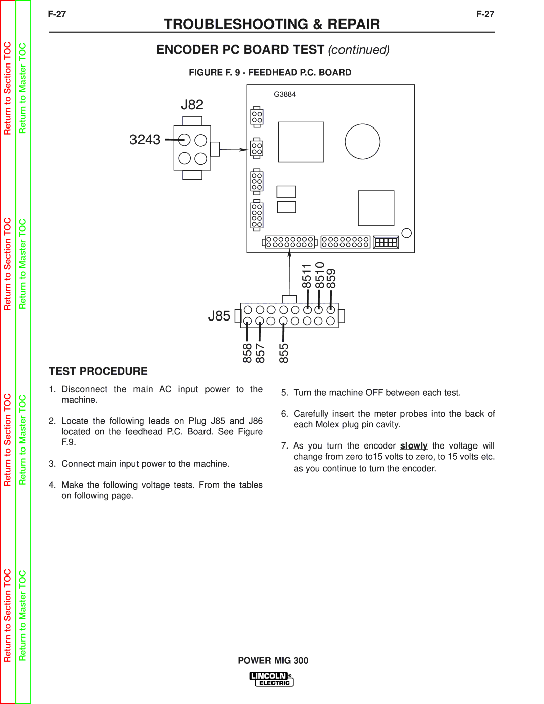 Lincoln Electric SVM160-B service manual J85, Encoder PC Board Test 