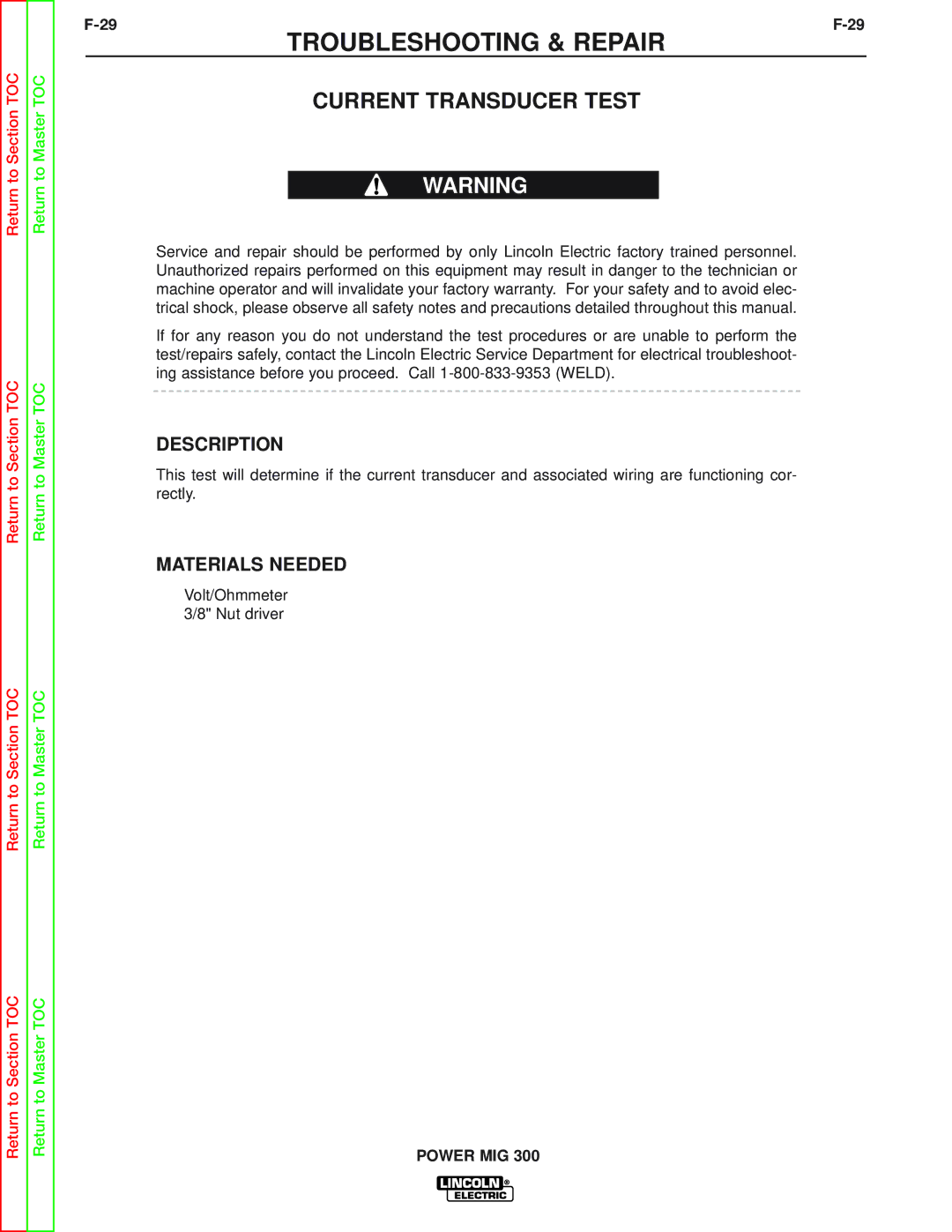 Lincoln Electric SVM160-B service manual Current Transducer Test, Description 