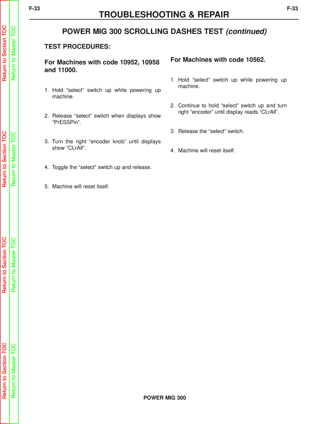 Lincoln Electric SVM160-B service manual Power MIG 300 Scrolling Dashes Test, Test Procedures 