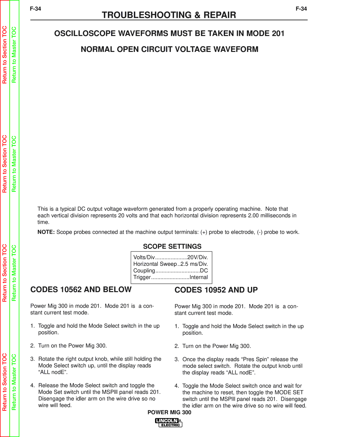 Lincoln Electric SVM160-B service manual Codes 10562 and below, Codes 10952 and UP, Scope Settings 