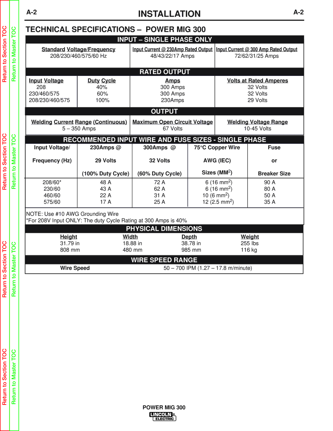 Lincoln Electric SVM160-B service manual Installation, Technical Specifications Power MIG 