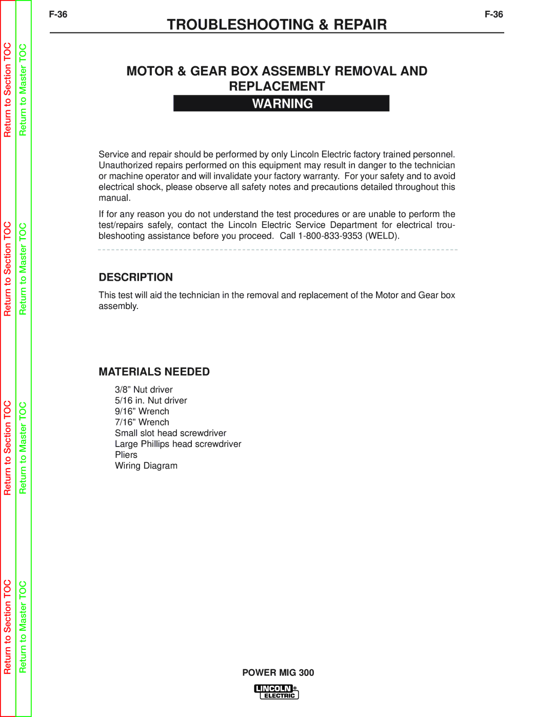 Lincoln Electric SVM160-B service manual Motor & Gear BOX Assembly Removal Replacement, Description 