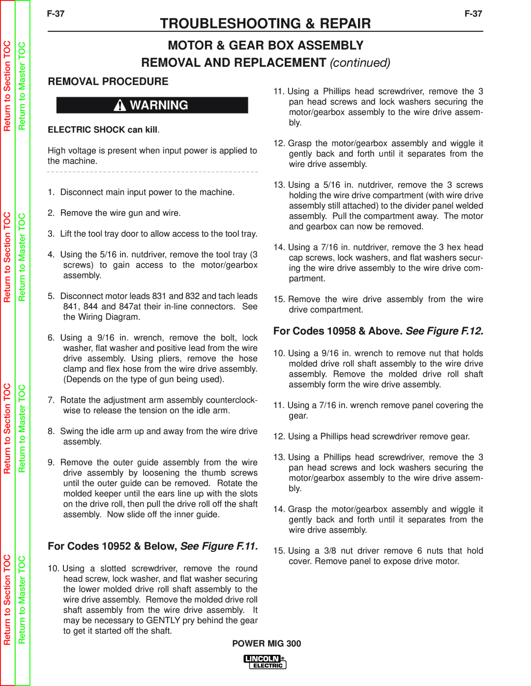 Lincoln Electric SVM160-B service manual Motor & Gear BOX Assembly, Removal and Replacement, Removal Procedure 