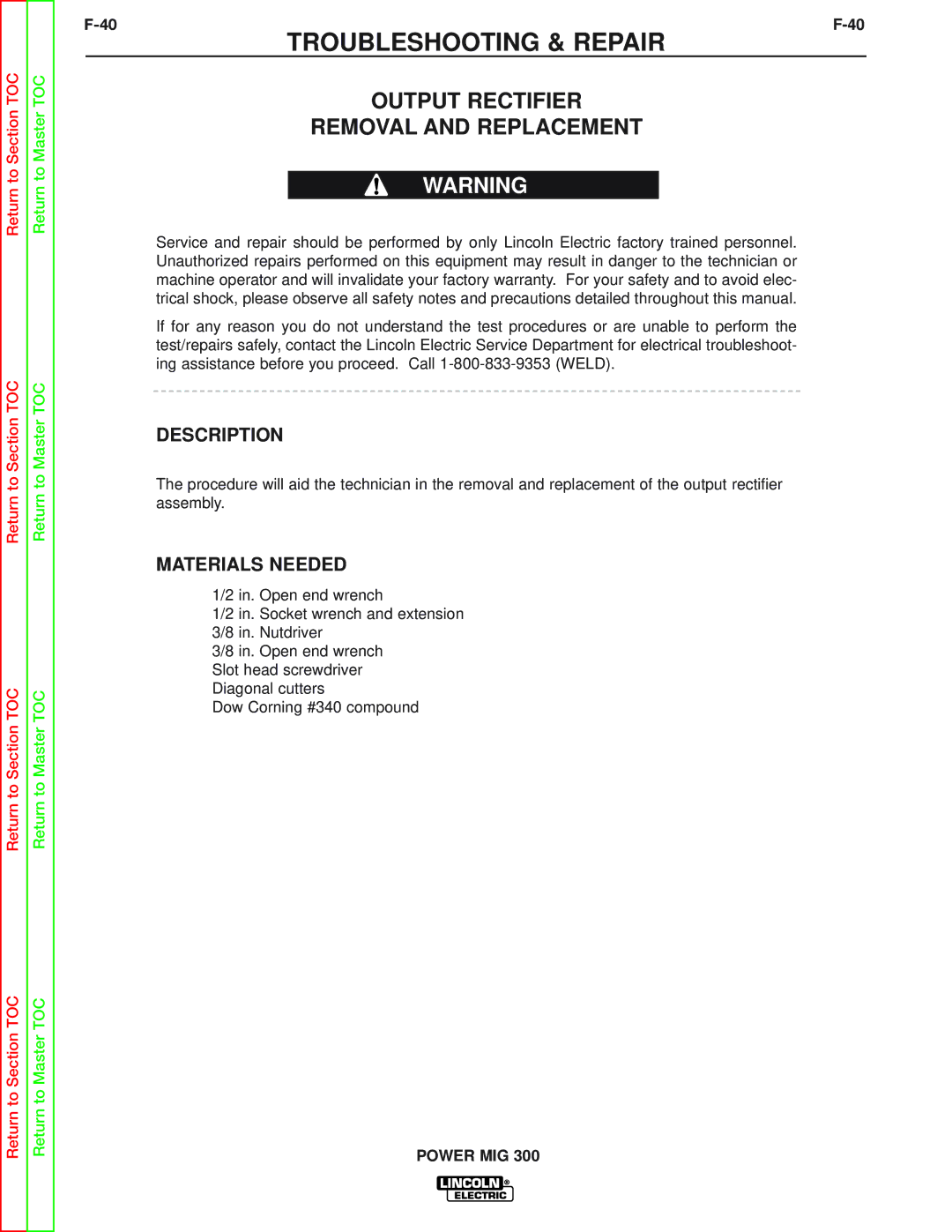 Lincoln Electric SVM160-B service manual Output Rectifier Removal and Replacement, Description 