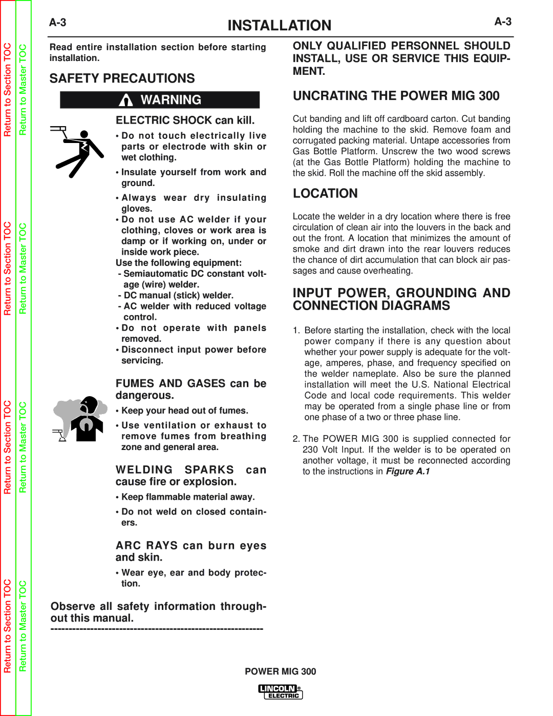 Lincoln Electric SVM160-B Safety Precautions, Uncrating the Power MIG, Location, Wear eye, ear and body protec- tion 