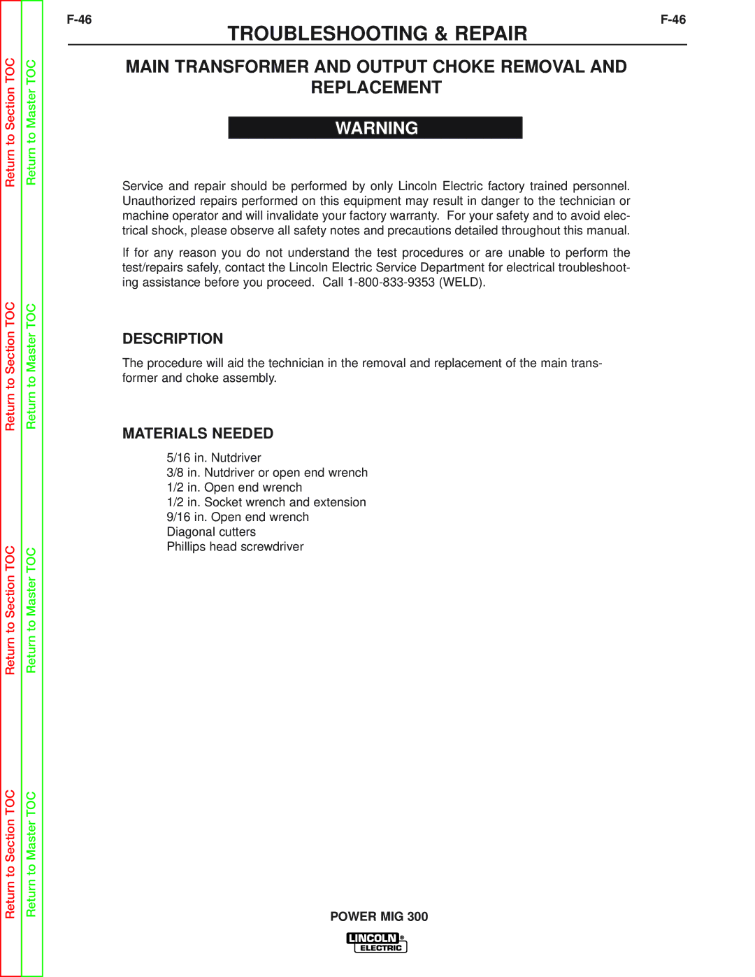 Lincoln Electric SVM160-B service manual Main Transformer and Output Choke Removal Replacement, Description 