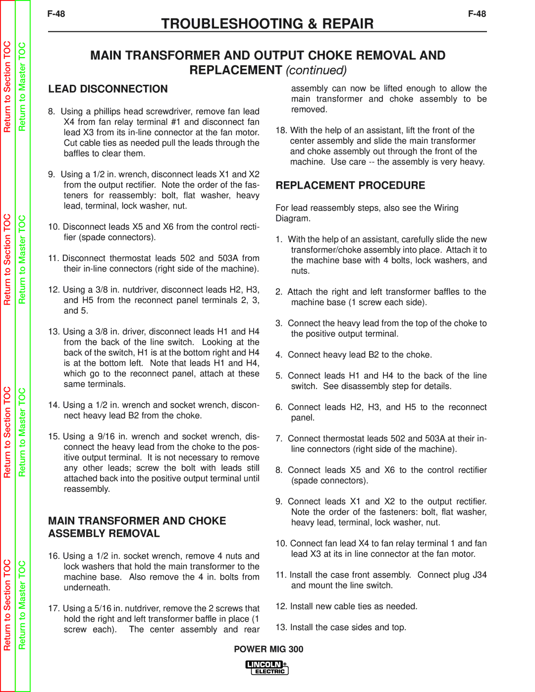 Lincoln Electric SVM160-B service manual Lead Disconnection, Main Transformer and Choke Assembly Removal 