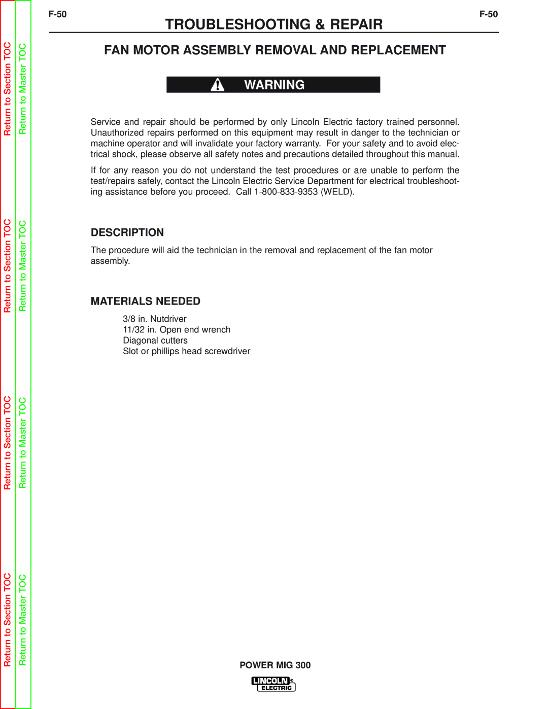 Lincoln Electric SVM160-B service manual FAN Motor Assembly Removal and Replacement, Description 