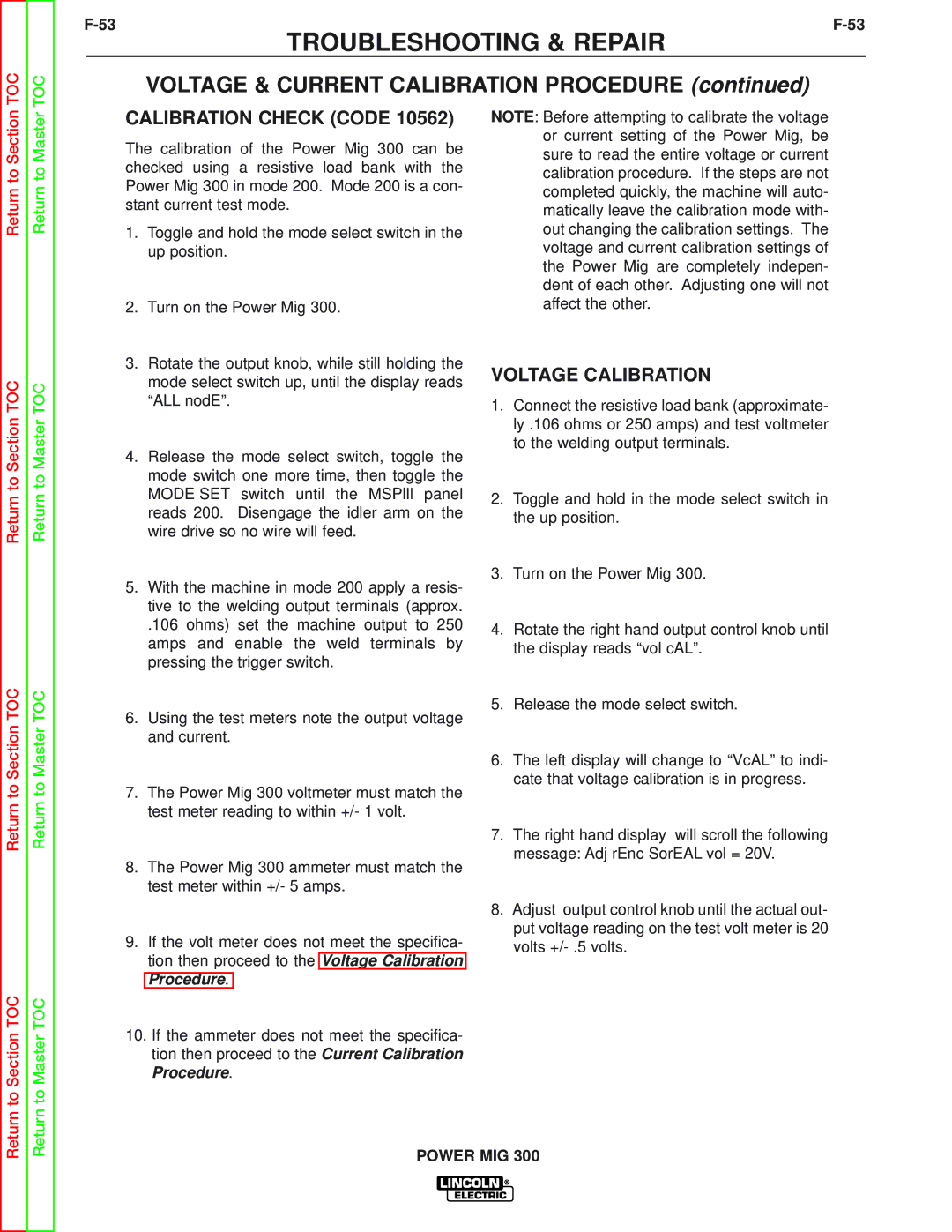 Lincoln Electric SVM160-B Voltage & Current Calibration Procedure, Calibration Check Code, Voltage Calibration 