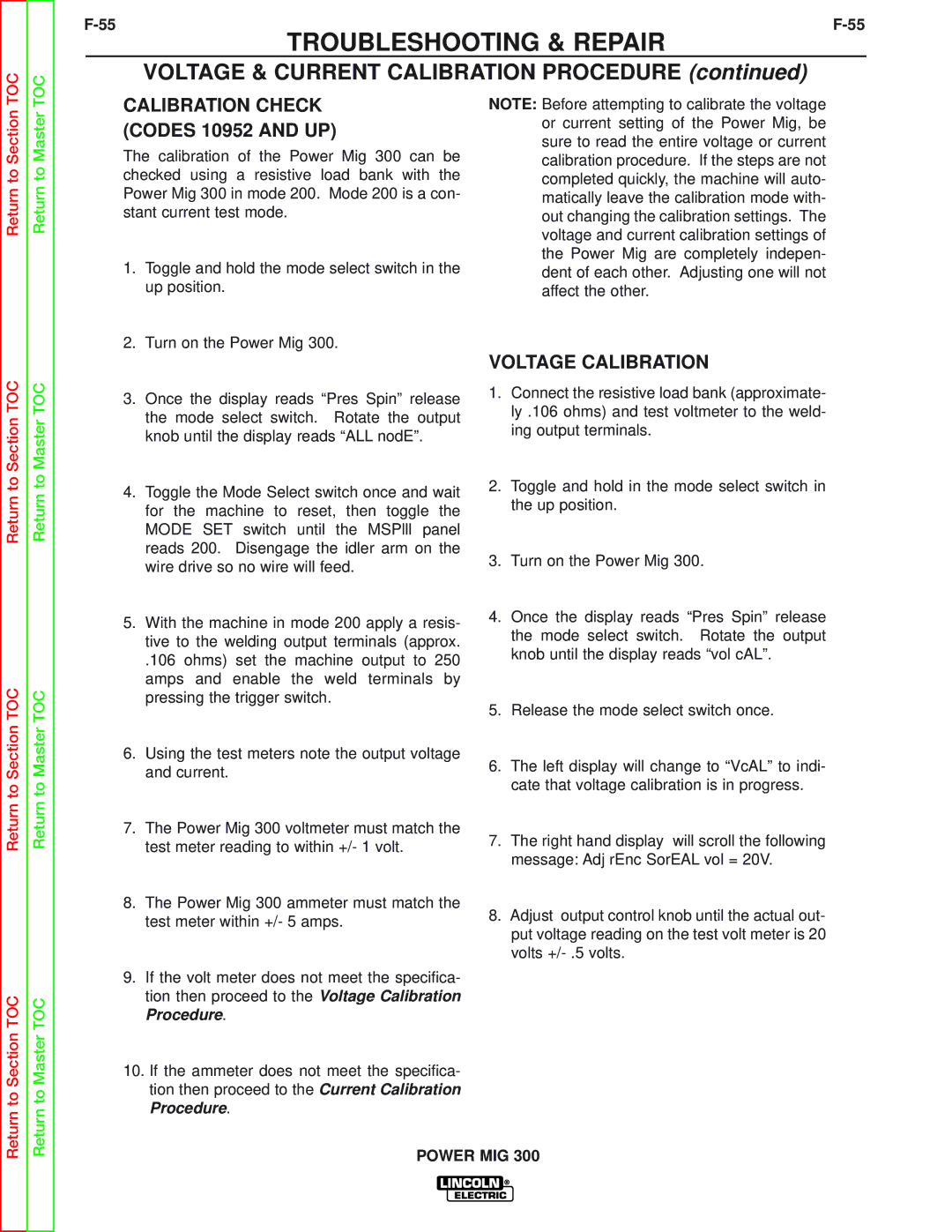 Lincoln Electric SVM160-B service manual Calibration Check Codes 10952 and UP 