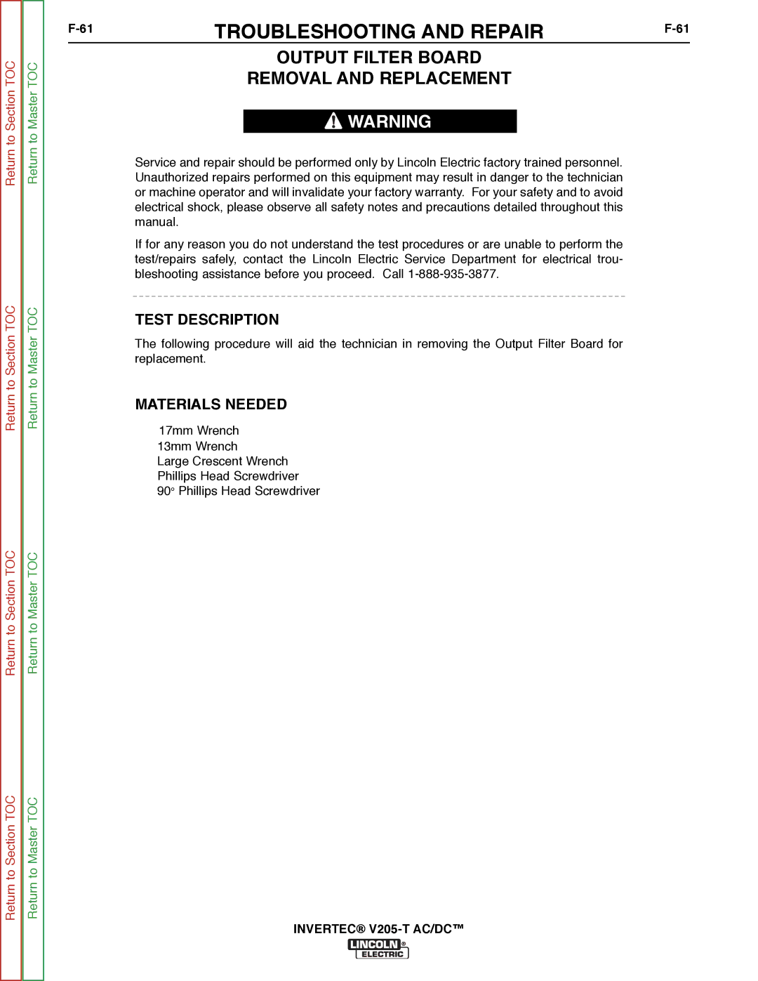 Lincoln Electric SVM161-A service manual Output Filter Board Removal and Replacement, Test Description 