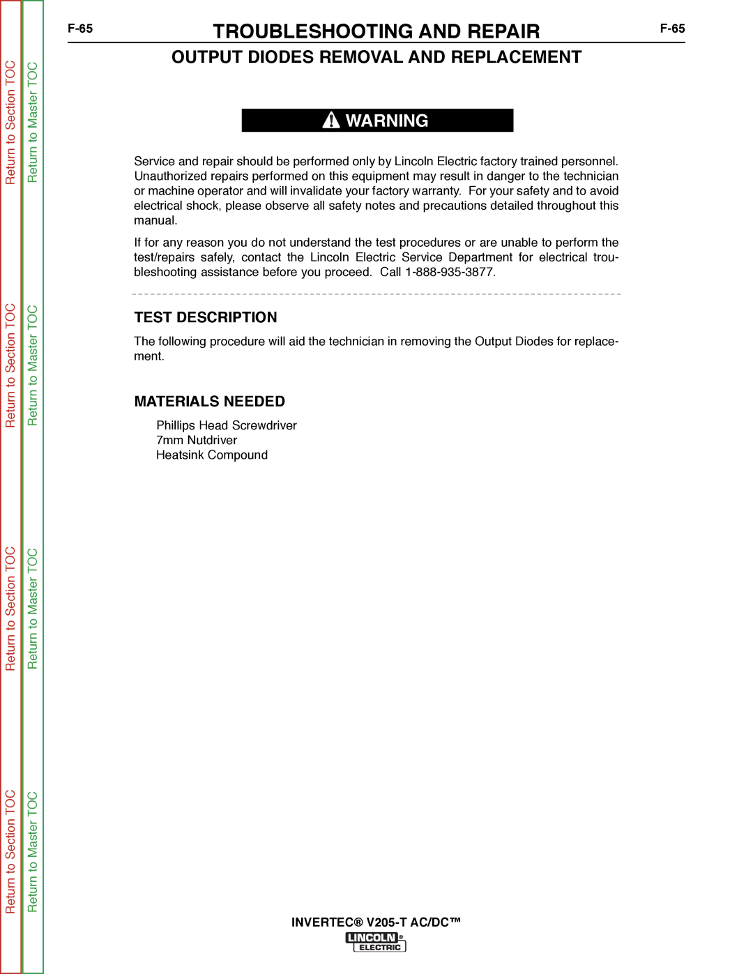 Lincoln Electric SVM161-A service manual Output Diodes Removal and Replacement, Test Description 