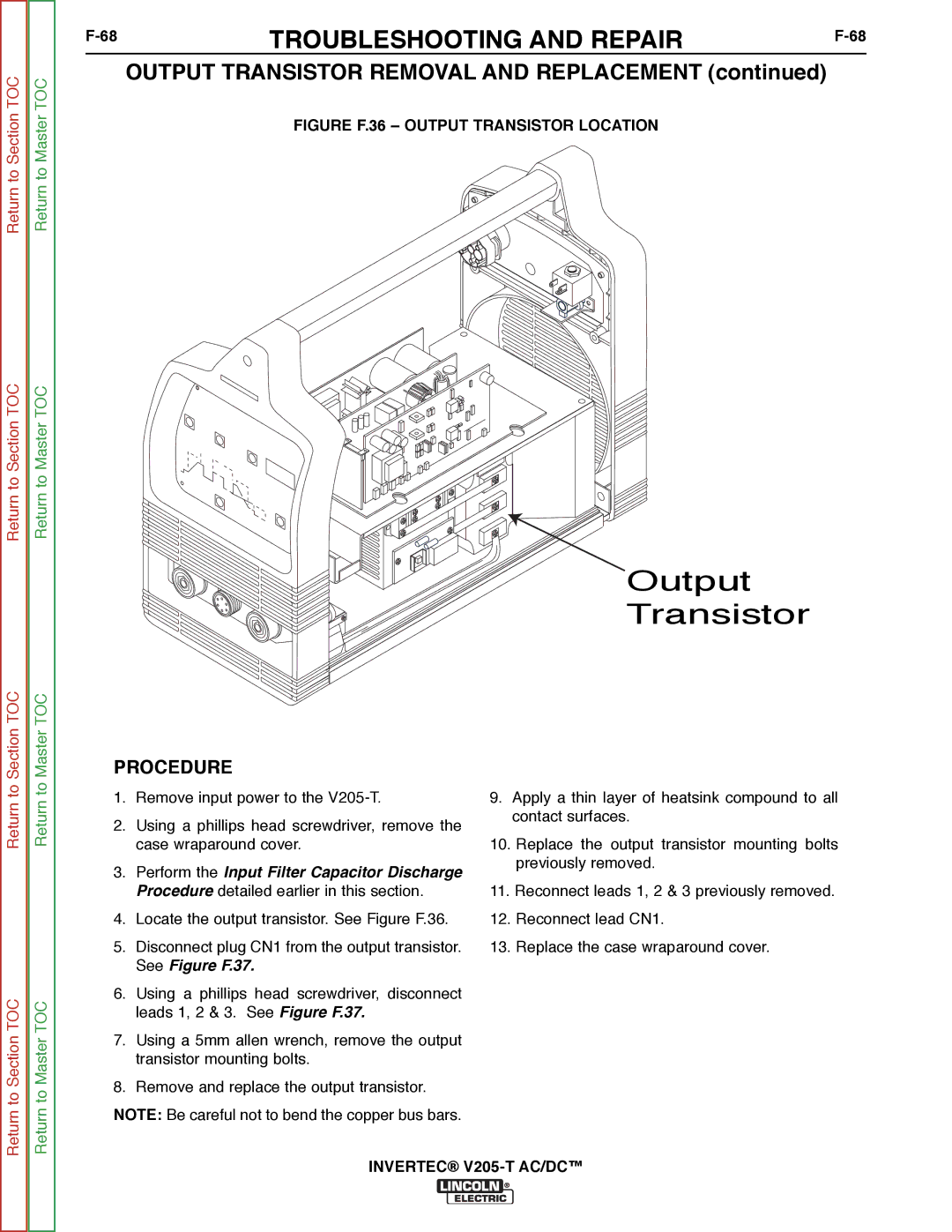 Lincoln Electric SVM161-A service manual Output Transistor Removal and Replacement, Figure F.36 Output Transistor Location 