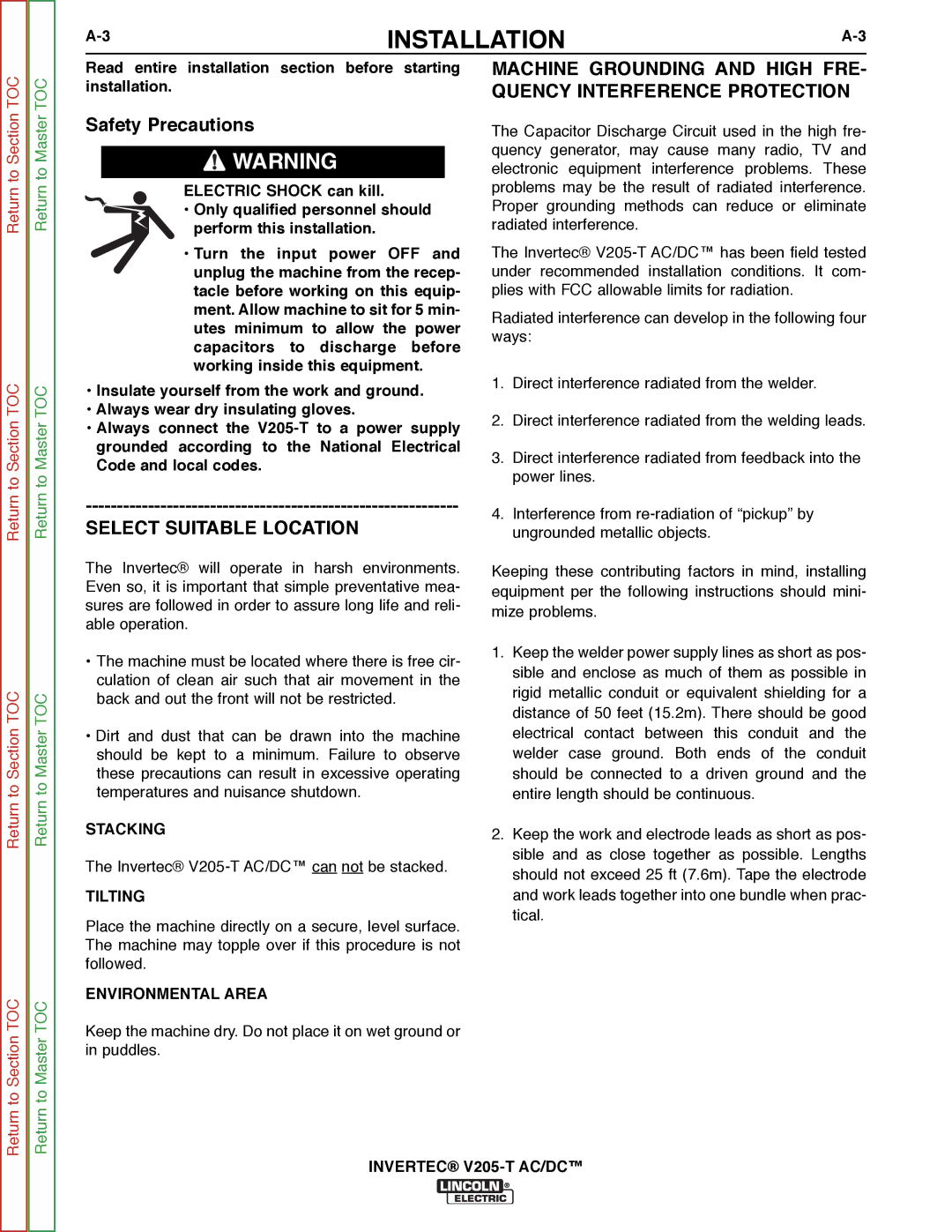 Lincoln Electric SVM161-A service manual Select Suitable Location, Stacking, Tilting, Environmental Area 