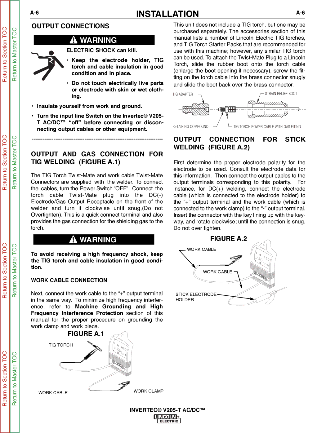 Lincoln Electric SVM161-A Output Connections, Output and GAS Connection for TIG Welding Figure A.1, Work Cable Connection 