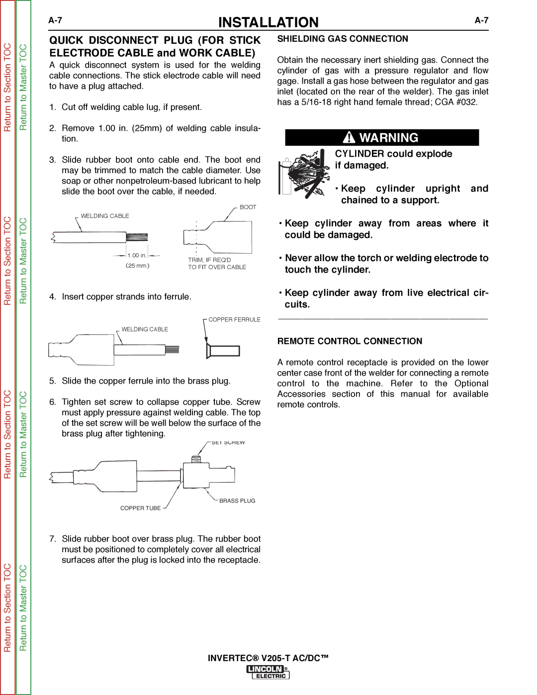 Lincoln Electric SVM161-A service manual Shielding GAS Connection, Remote Control Connection 