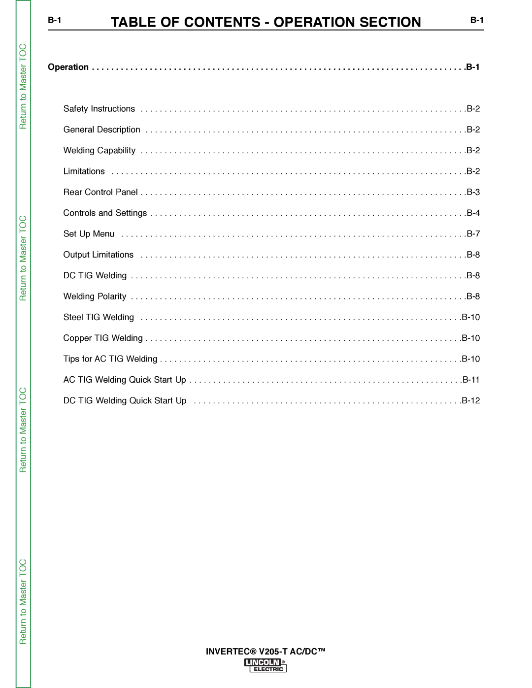 Lincoln Electric SVM161-A service manual Table of Contents Operation Section 