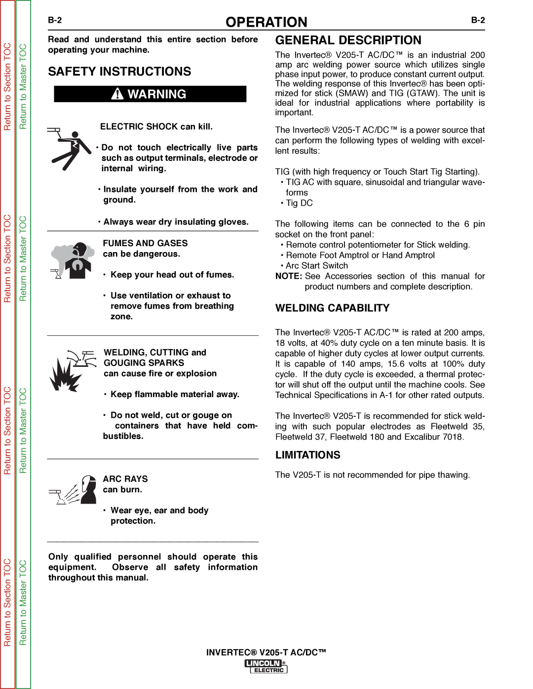 Lincoln Electric SVM161-A Operation, Safety Instructions, General Description, Welding Capability, Limitations 