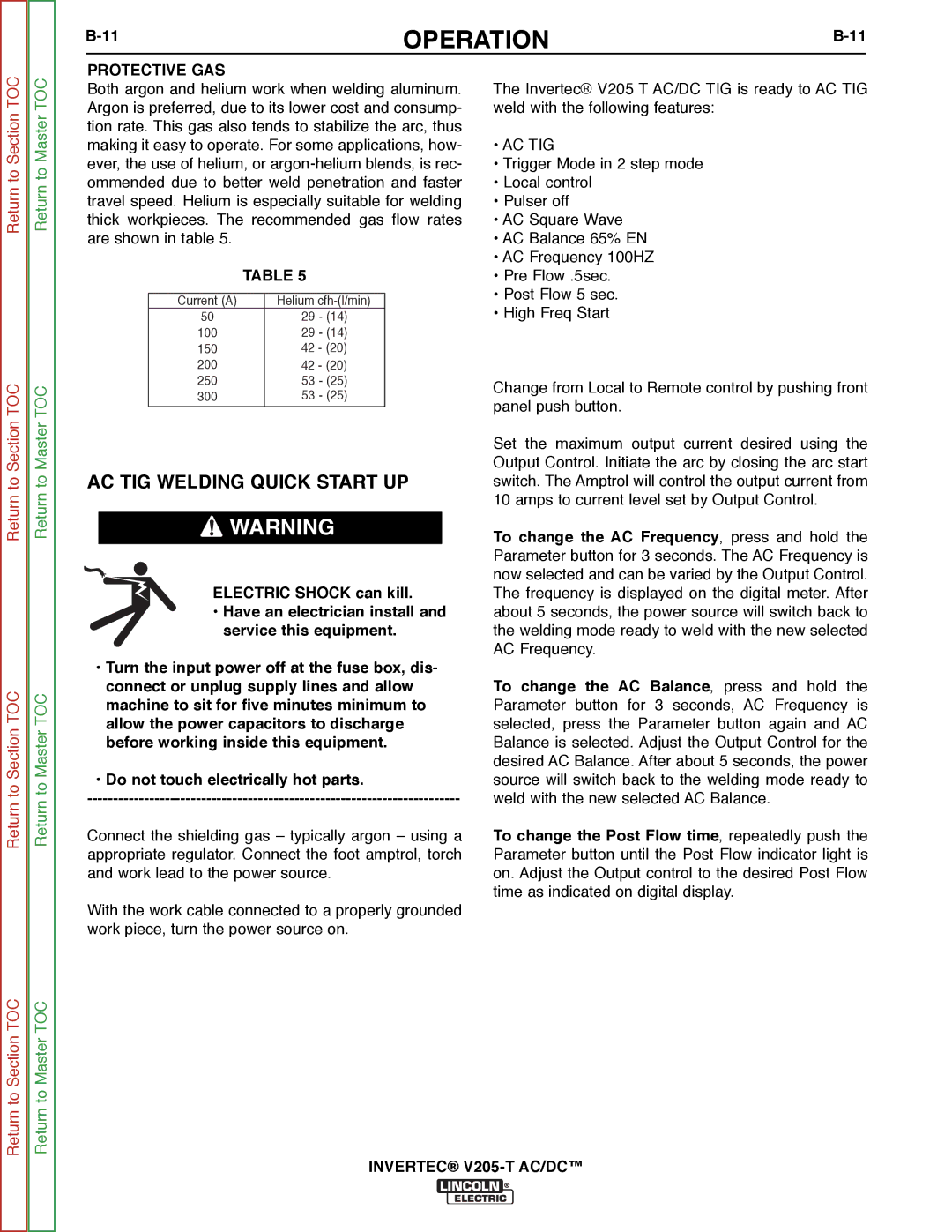 Lincoln Electric SVM161-A service manual AC TIG Welding Quick Start UP, Protective GAS 