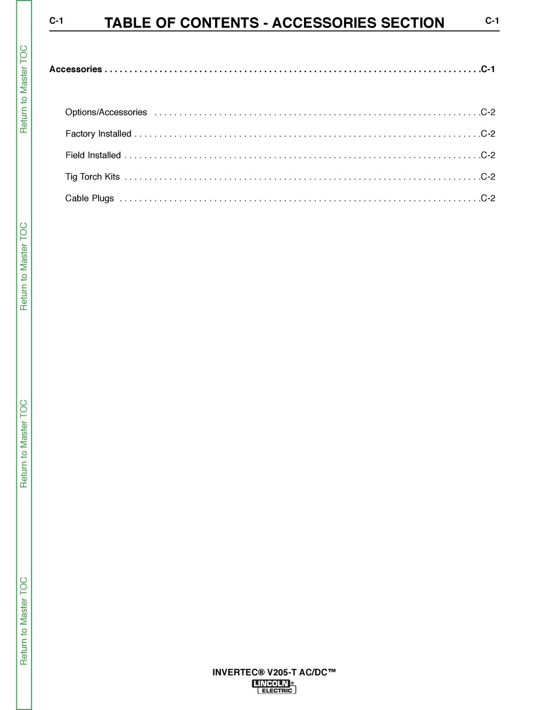 Lincoln Electric SVM161-A service manual Table of Contents Accessories Section 