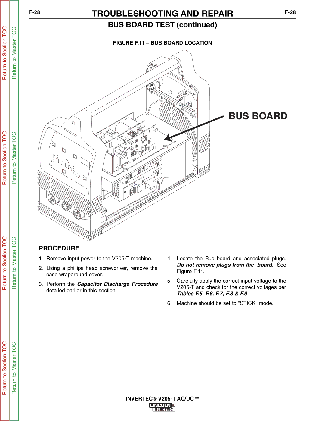 Lincoln Electric SVM161-A service manual BUS Board Test, Figure F.11 BUS Board Location 