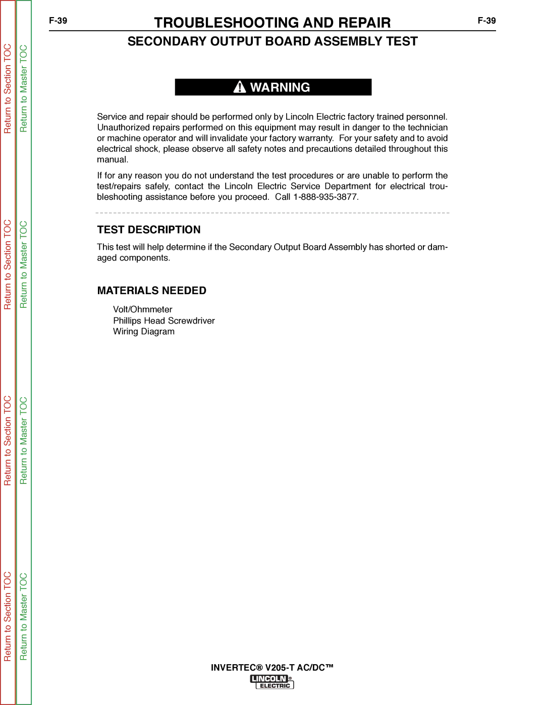 Lincoln Electric SVM161-A service manual Secondary Output Board Assembly Test, Test Description 