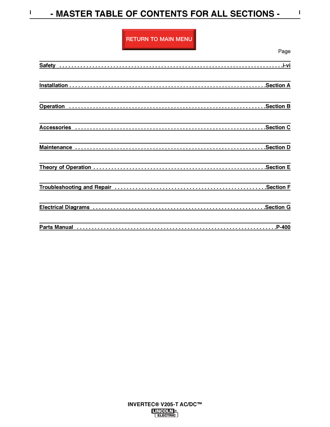 Lincoln Electric SVM161-A service manual Master Table of Contents for ALL Sections 
