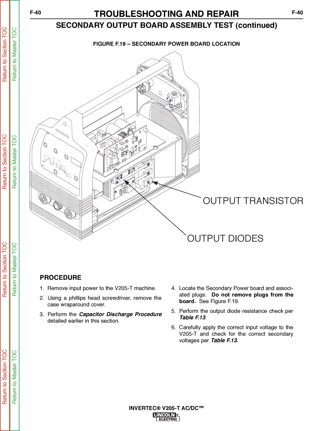 Lincoln Electric SVM161-A service manual Secondary Output Board Assembly Test, Figure F.19 Secondary Power Board Location 