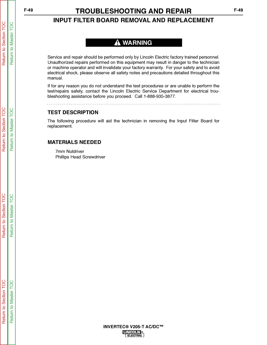 Lincoln Electric SVM161-A service manual Input Filter Board Removal and Replacement, Test Description 