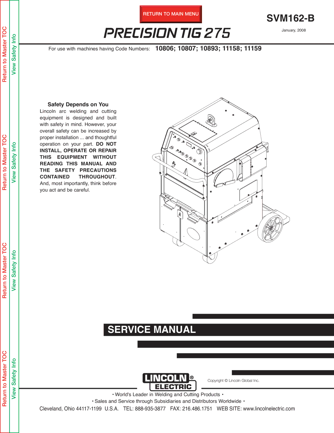 Lincoln Electric SVM162-B service manual Precision TIG, Safety Depends on You 