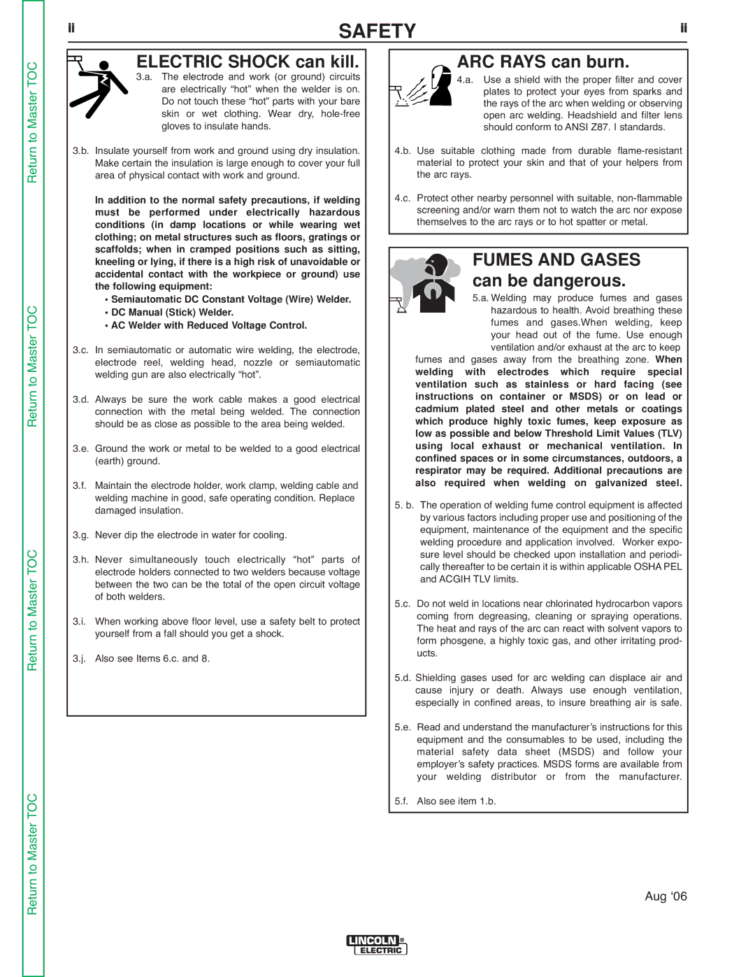 Lincoln Electric SVM162-B service manual ARC Rays can burn, Fumes and Gases, Aug ʻ06 