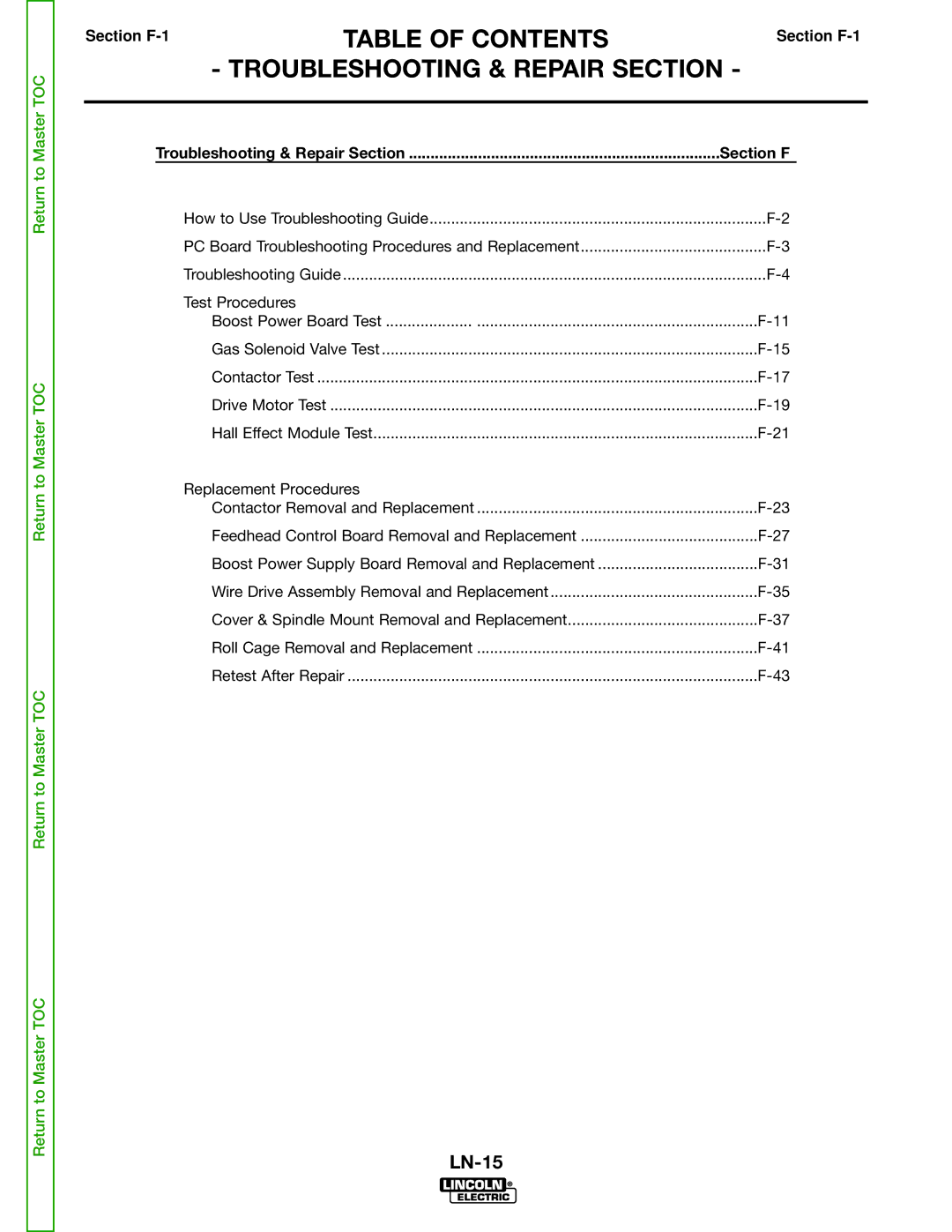 Lincoln Electric SVM166-A service manual Troubleshooting & Repair Section, Section F 