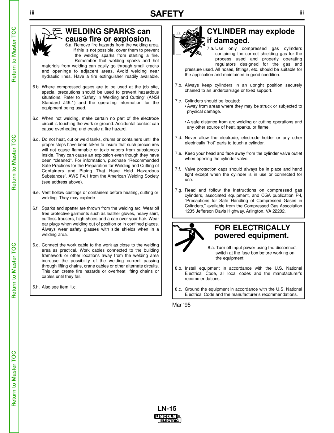 Lincoln Electric SVM166-A service manual Safety, Welding Sparks can cause fire or explosion 