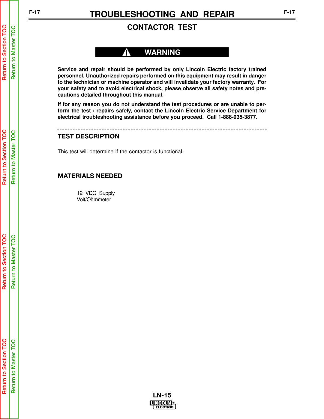 Lincoln Electric SVM166-A service manual Contactor Test 