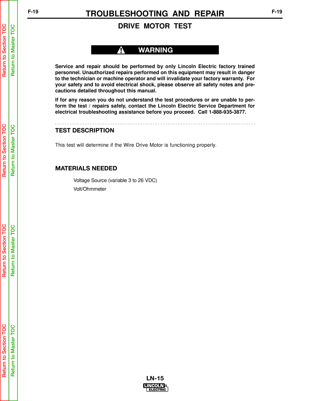 Lincoln Electric SVM166-A service manual Drive Motor Test 