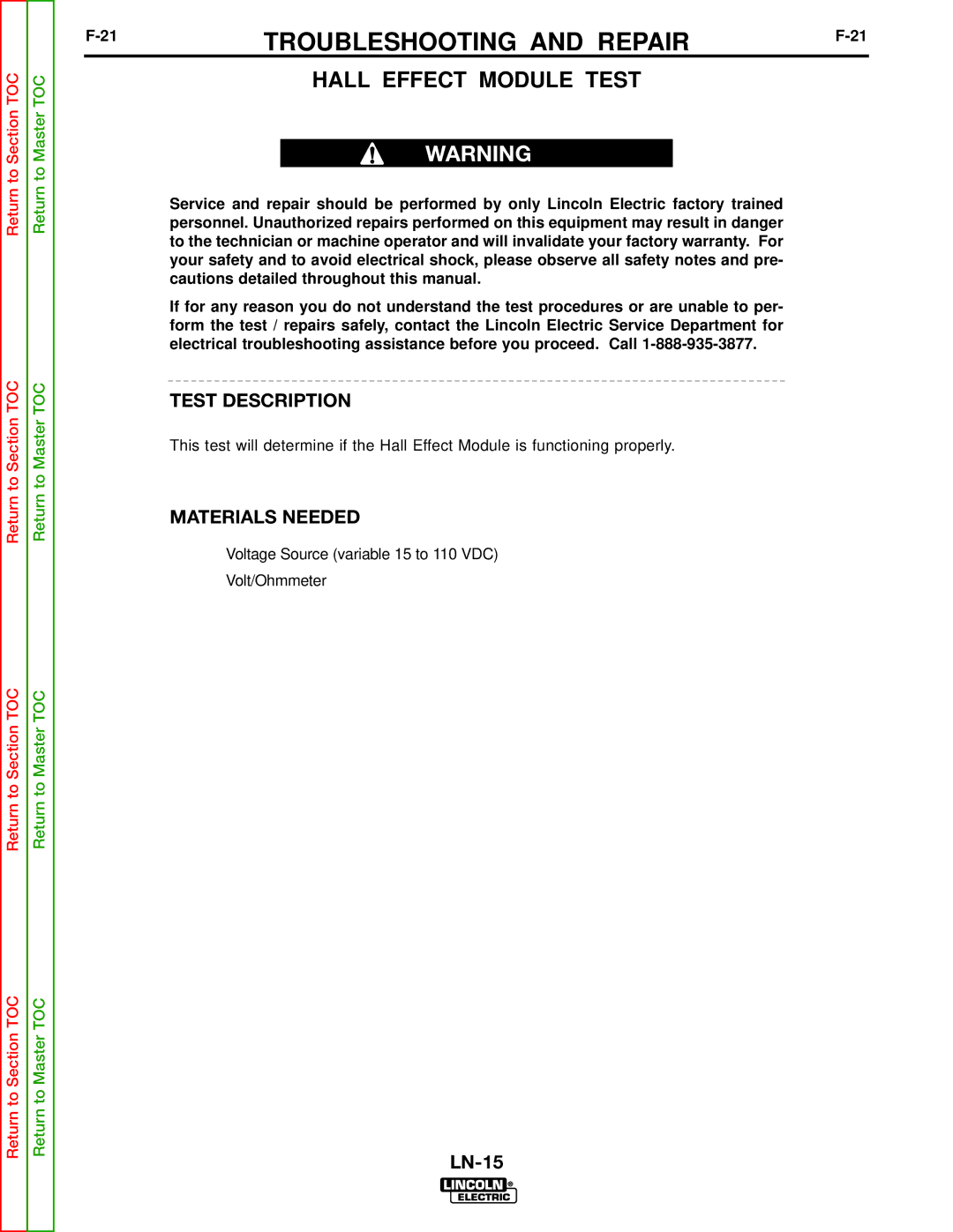 Lincoln Electric SVM166-A service manual Hall Effect Module Test 