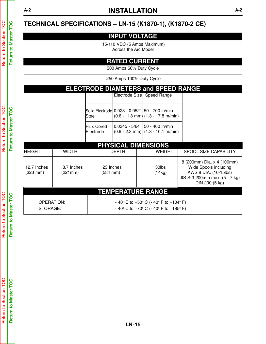 Lincoln Electric SVM166-A service manual Installation, Technical Specifications LN-15 K1870-1, K1870-2 CE 