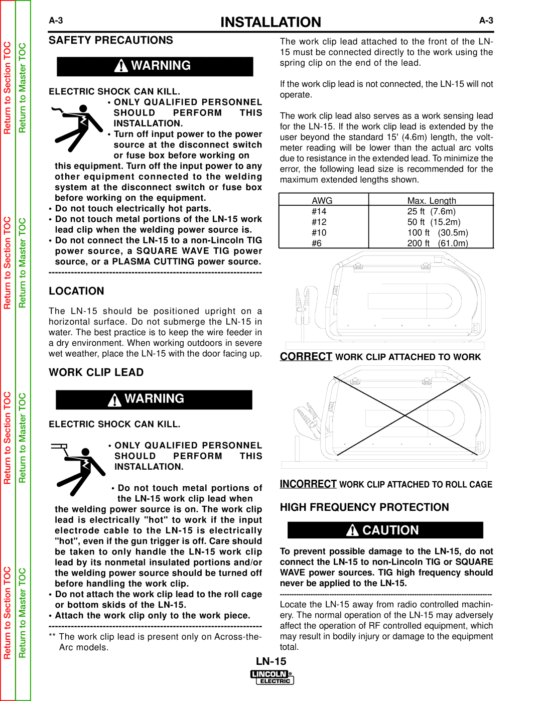 Lincoln Electric SVM166-A service manual Safety Precautions, Location, Work Clip Lead, High Frequency Protection 