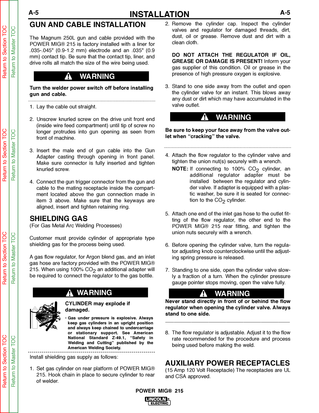 Lincoln Electric SVM167-A service manual GUN and Cable Installation, Shielding GAS, Auxiliary Power Receptacles 