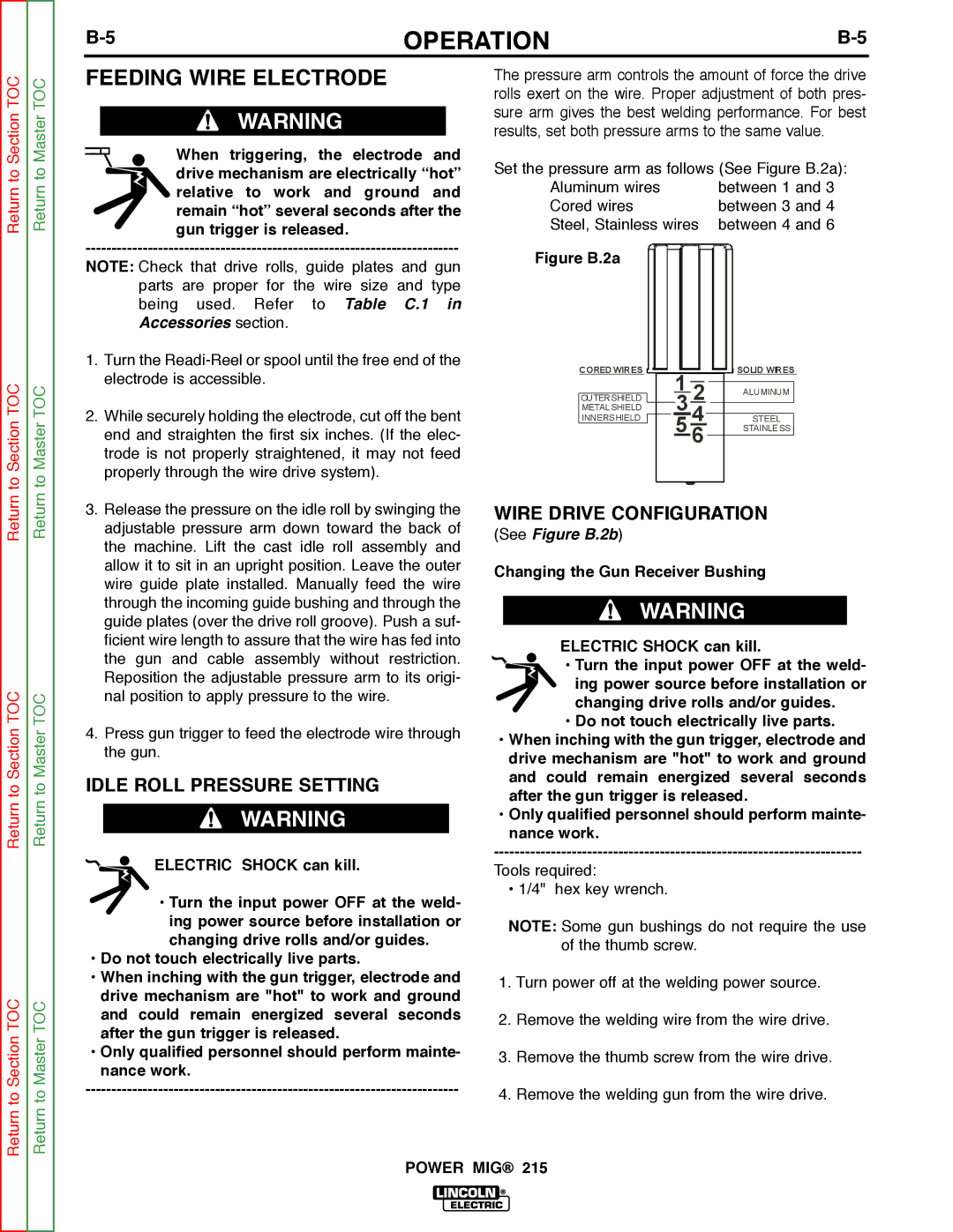 Lincoln Electric SVM167-A service manual Feeding Wire Electrode, Idle Roll Pressure Setting, Wire Drive Configuration 