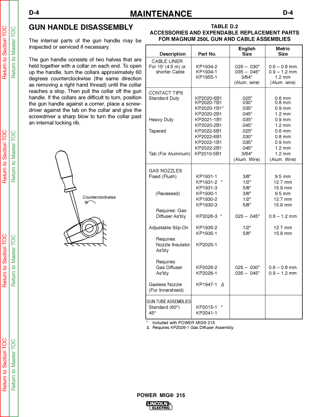 Lincoln Electric SVM167-A service manual GUN Handle Disassembly, English Metric Description Size 