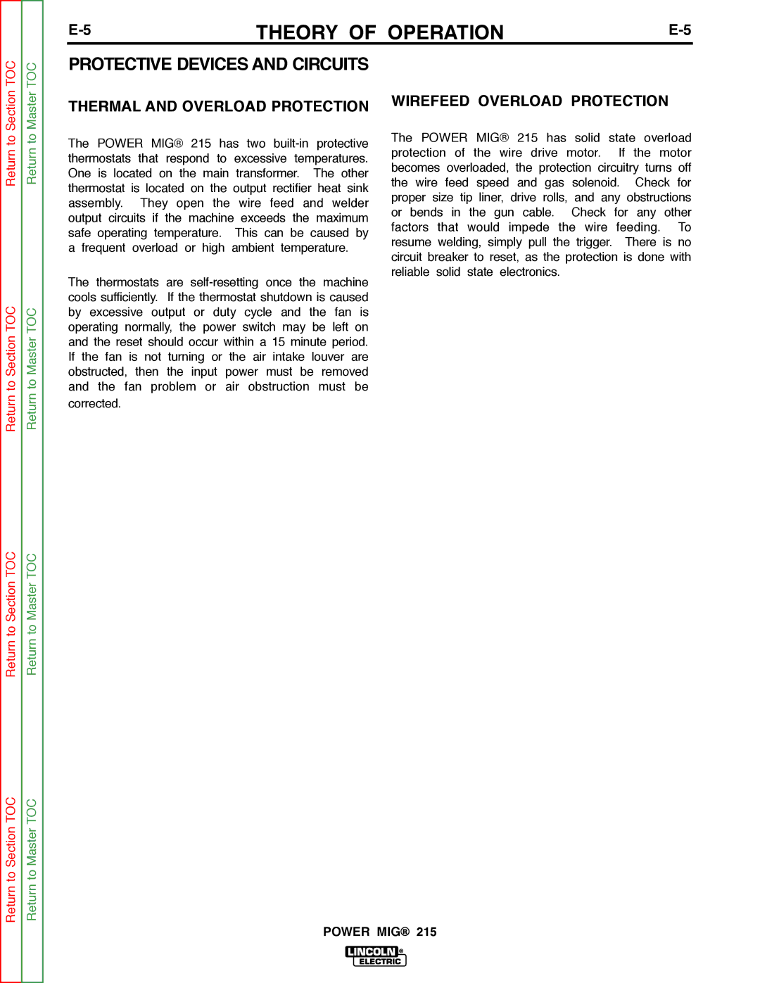 Lincoln Electric SVM167-A Protective Devices and Circuits, Thermal and Overload Protection, Wirefeed Overload Protection 