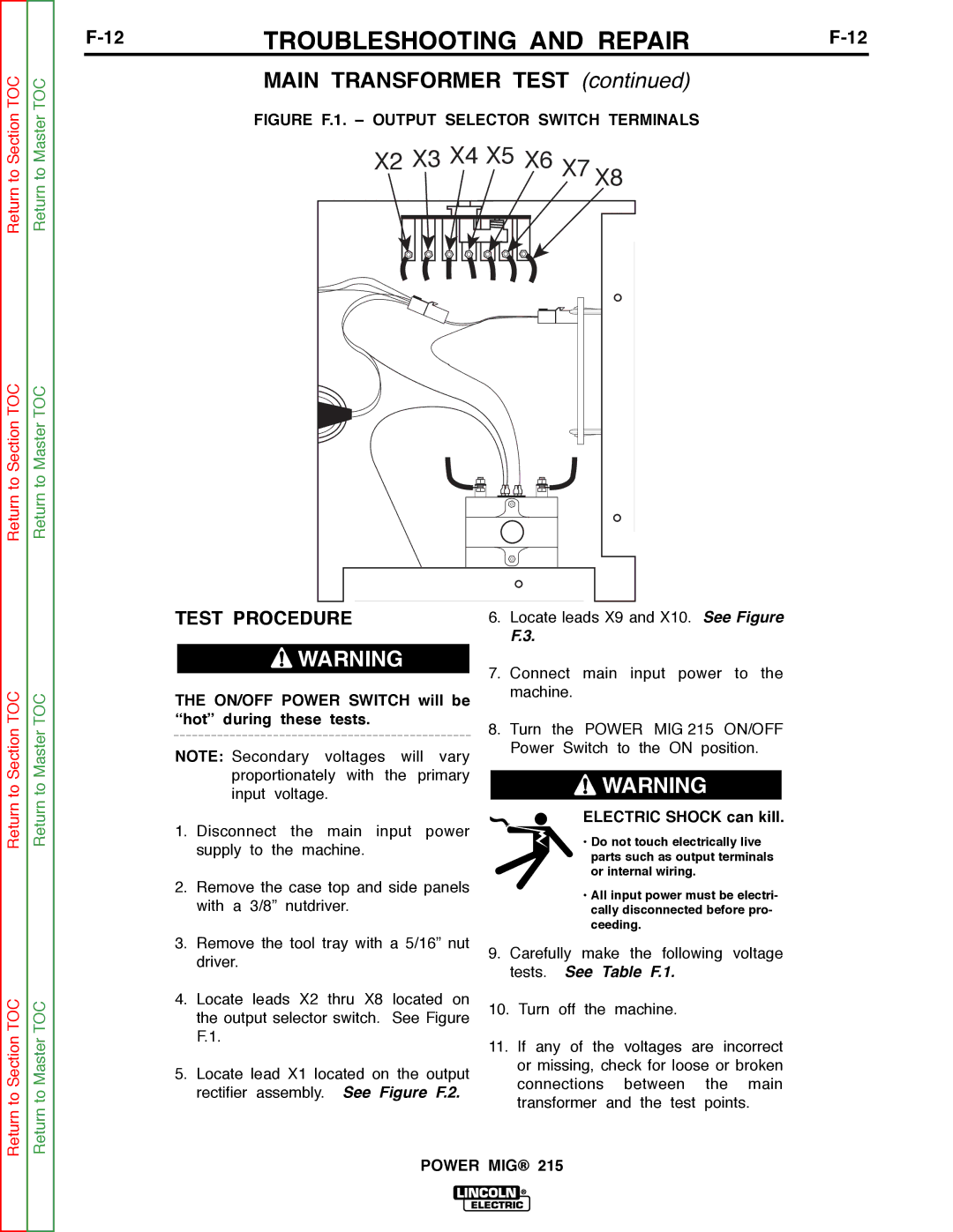 Lincoln Electric SVM167-A Main Transformer Test, Test Procedure, ON/OFF Power Switch will be hot during these tests 