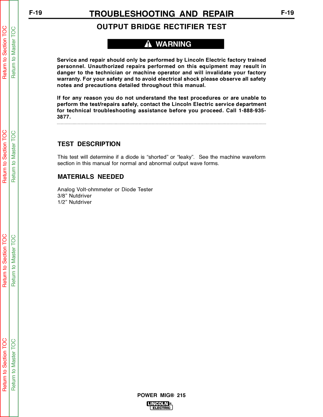 Lincoln Electric SVM167-A service manual Output Bridge Rectifier Test, Test Description 